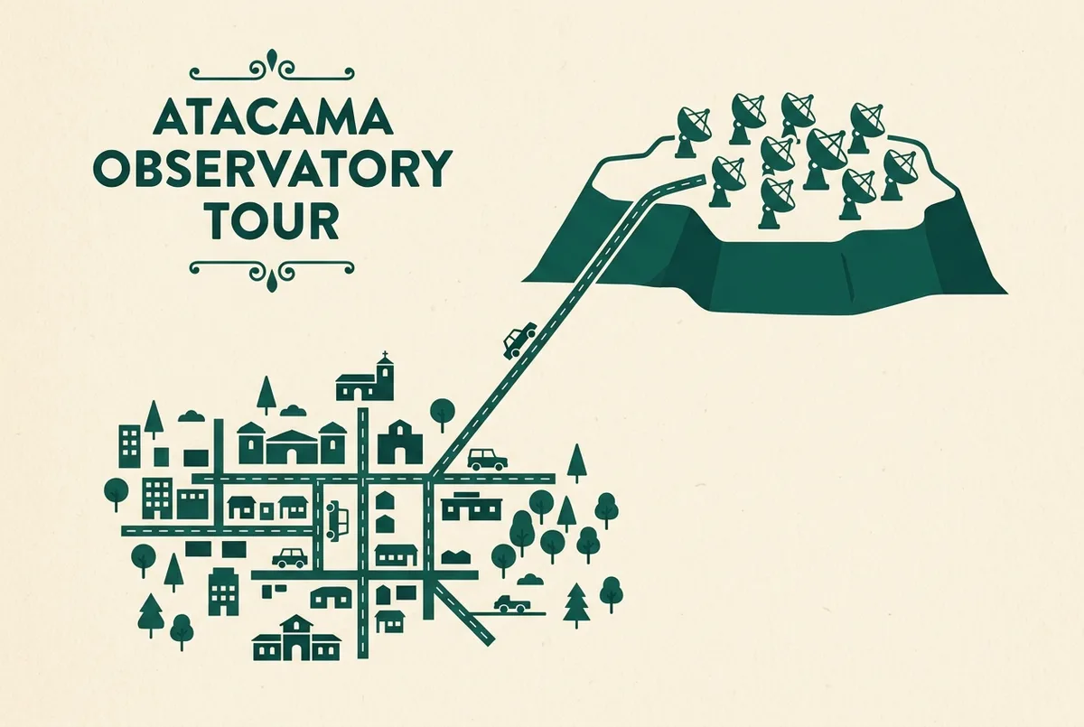 Simple infographic map showing San Pedro de Atacama, a road icon leading up to the high plateau, and a cluster of radio dish icons marking the observatory site, flat design, generic labels only, atacama observatory tour location
