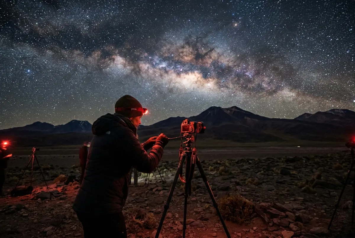 Fotógrafo con cámara sobre trípode capturando la Vía Láctea en el desierto de Atacama durante un tour astrofotográfico nocturno en San Pedro de Atacama