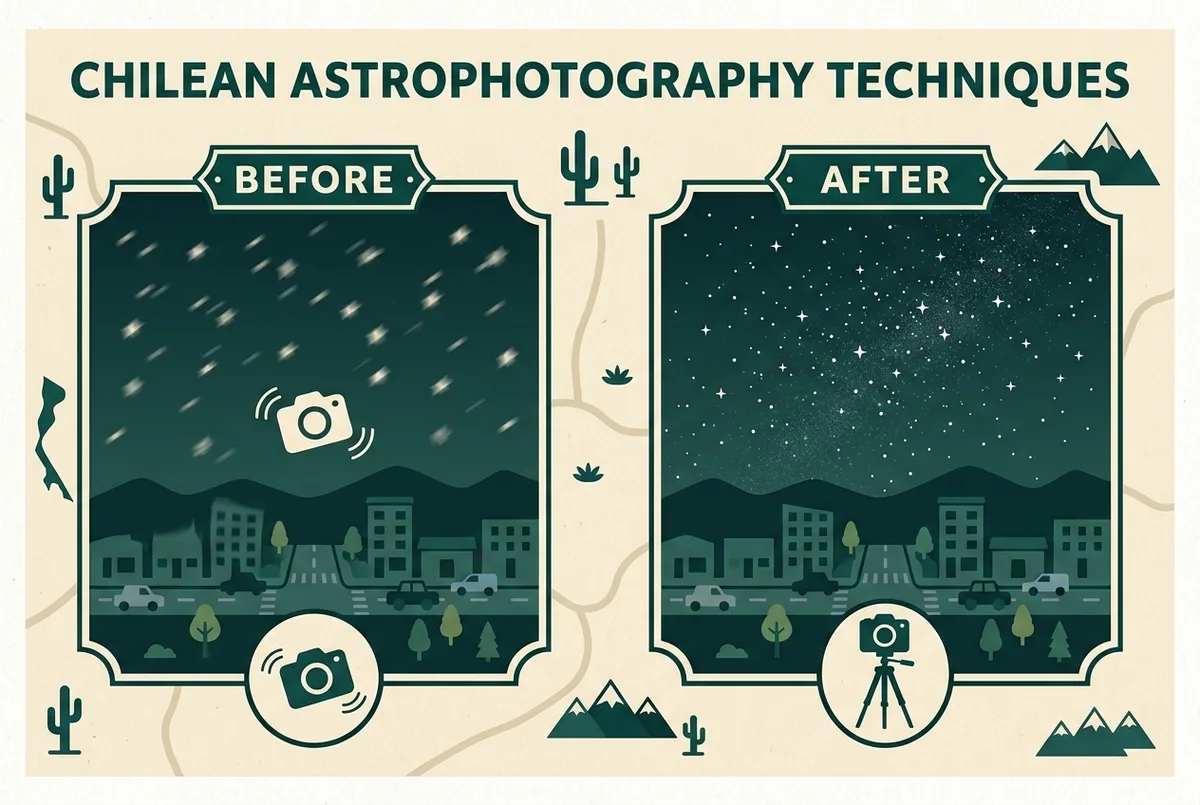 Infografía con los ajustes de cámara recomendados para fotografiar estrellas en un tour astrofotográfico en San Pedro de Atacama: exposición, abertura e ISO en iconos genéricos