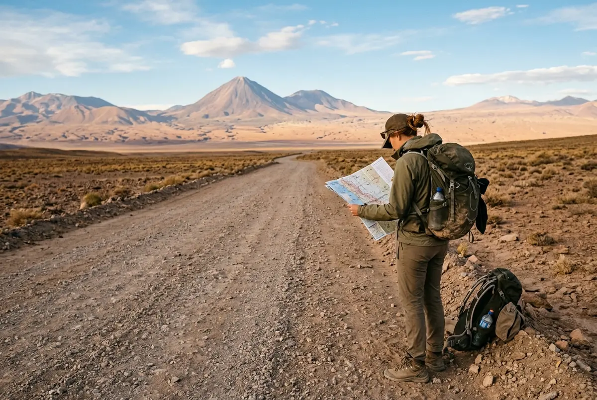 Viajante olhando um mapa de roteiro ao lado de uma van 4x4 estacionada ao amanhecer no deserto do Atacama, dunas e vulcões ao fundo, roteiro deserto do atacama