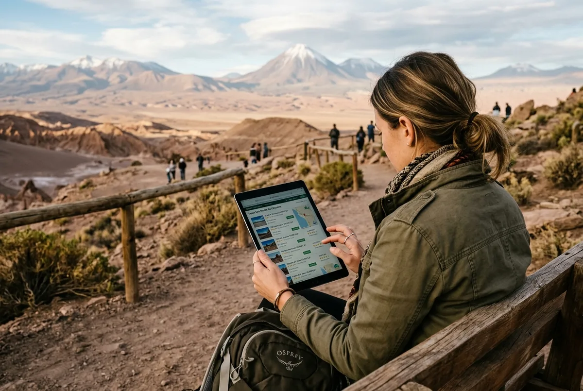 Viajero revisando en una tablet una comparación de precios de tours con el desierto de atacama y volcanes al fondo, tour san pedro de atacama precios
