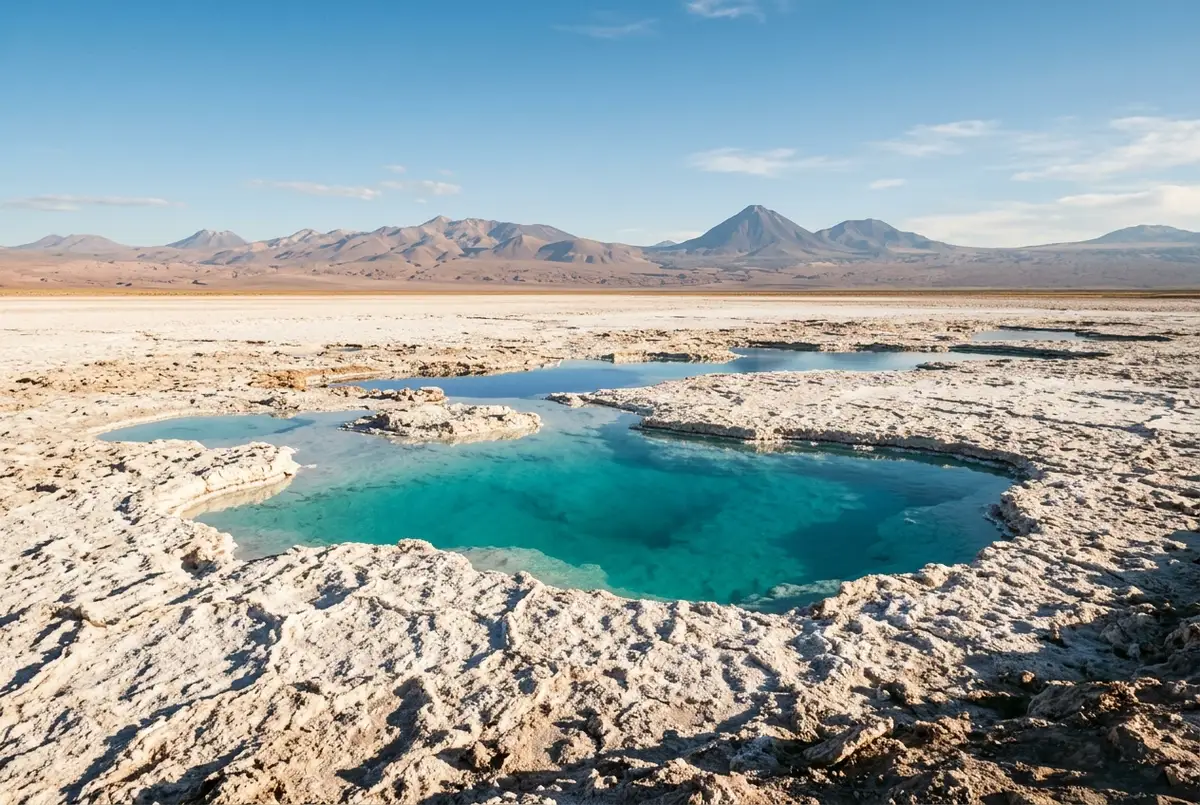 Wide view of the turquoise Baltinache hidden lagoons against bone-white salt crust with distant desert mountains and no crowds in sight, baltinache hidden lagoons scene