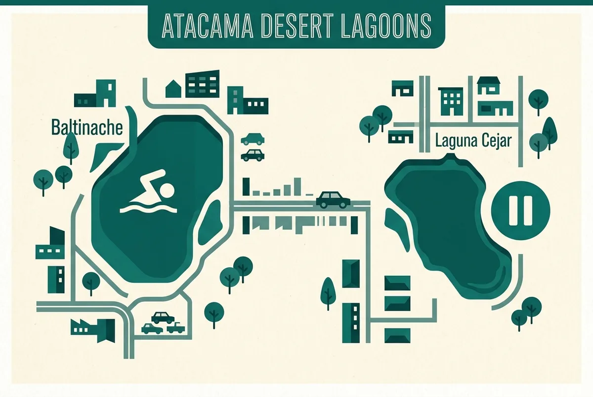 Simple side-by-side infographic comparing a swimming figure icon labeled available at one lagoon against a paused icon at another, with a short drive-distance scale between them, flat design, generic labels only, baltinache versus laguna cejar comparison