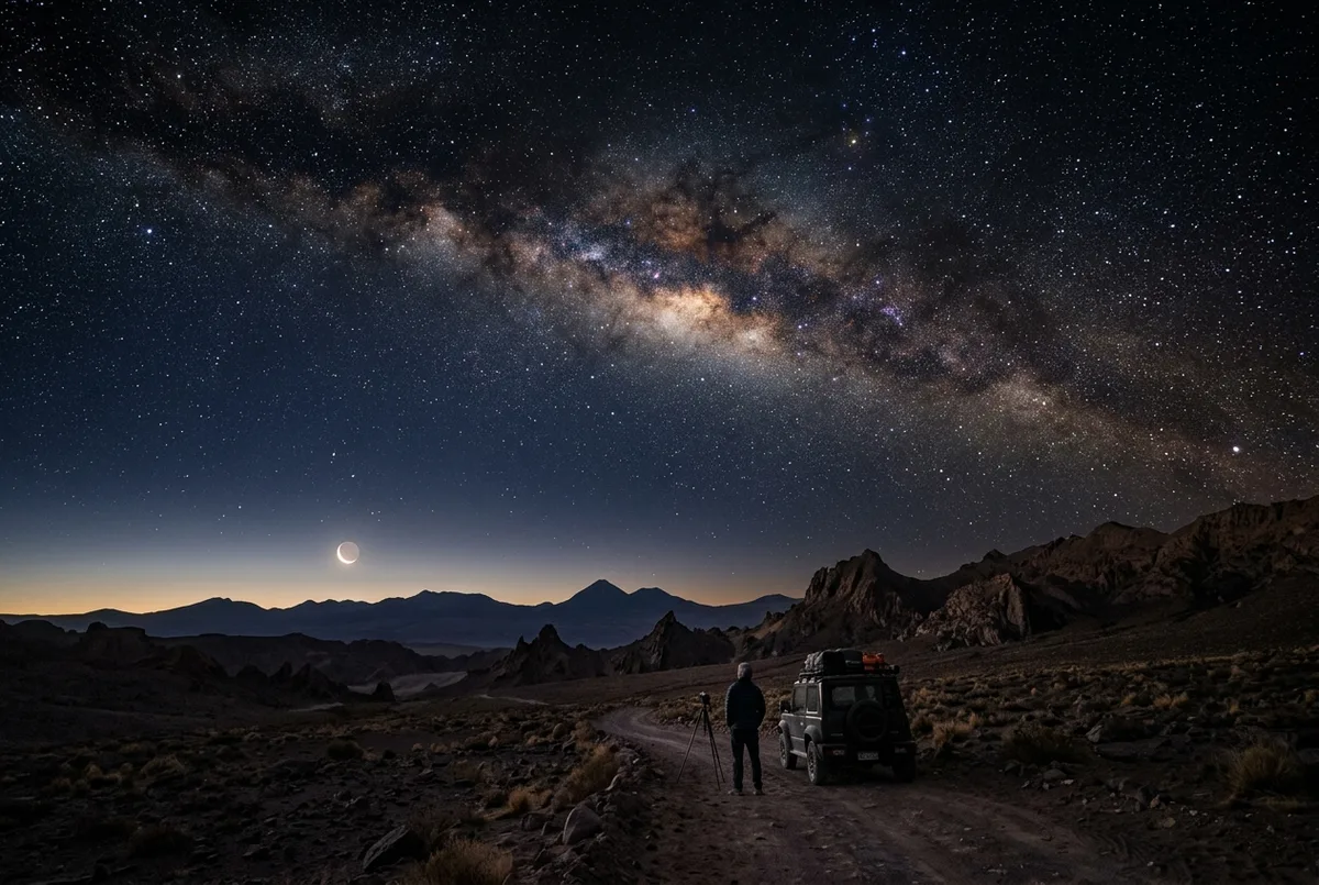 Vue large du ciel sombre du désert d'atacama avec un fin croissant de lune bas sur l'horizon et une bande dense d'étoiles au-dessus, meilleur moment pour observer les étoiles atacama