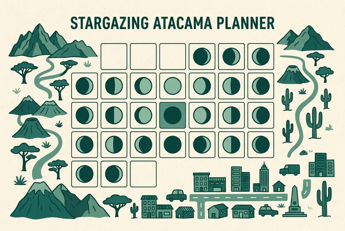 Infographie simple de type calendrier avec des icônes de phase lunaire disposées sur une grille mensuelle et une date de nouvelle lune mise en évidence, style plat, étiquettes génériques uniquement, planification du meilleur moment pour observer les étoiles en atacama