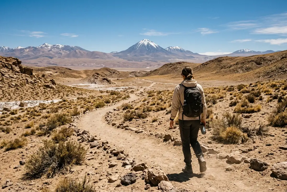 Traveler in a light jacket walking a dusty desert trail under a bright midday sun near San Pedro de Atacama, distant volcano on the horizon, best time to visit atacama desert scene