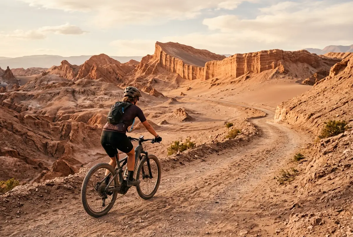 Cycliste roulant sur un vélo électrique le long d'une piste de sable désertique en direction des formations de sel de la vallée de la lune, tour à vélo san pedro de atacama en pleine lumière du jour