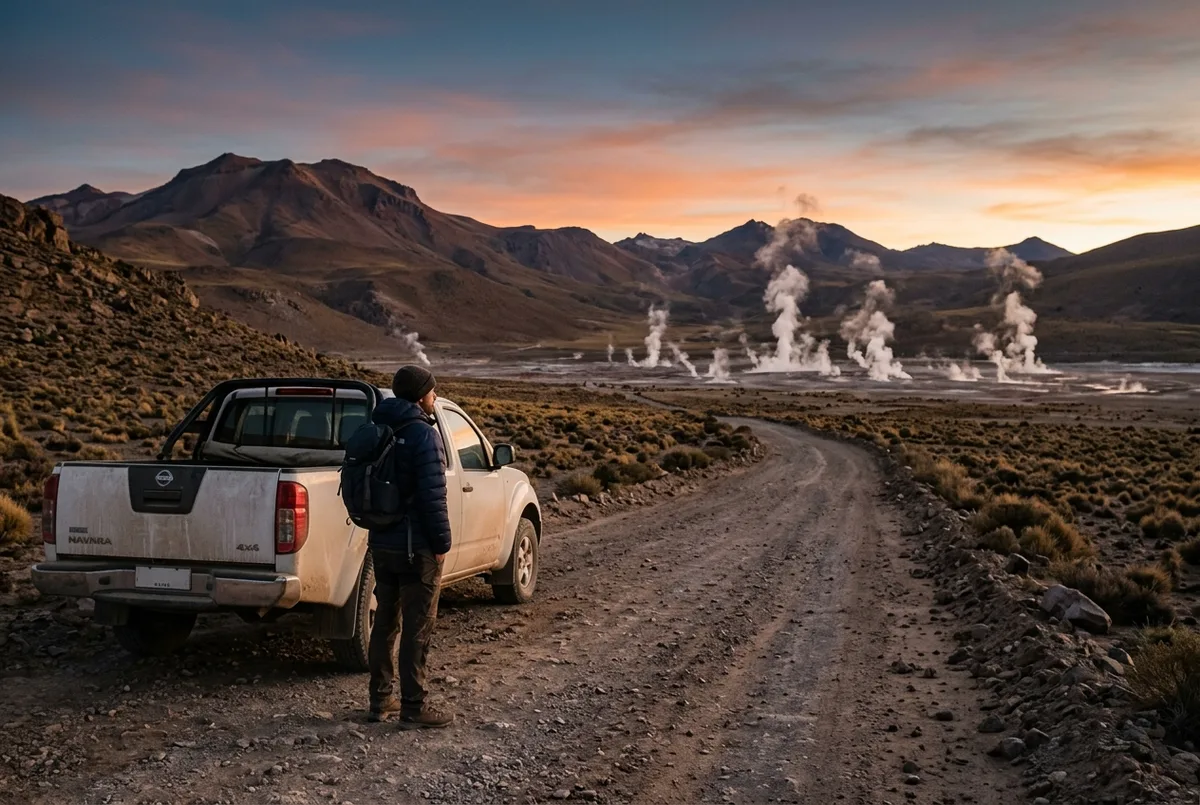 Viajero junto a un auto 4x4 arrendado en un camino de tierra solitario del altiplano antes del amanecer, mirando hacia las columnas de vapor lejanas de los géiseres del Tatio sin ningún tour guiado cerca