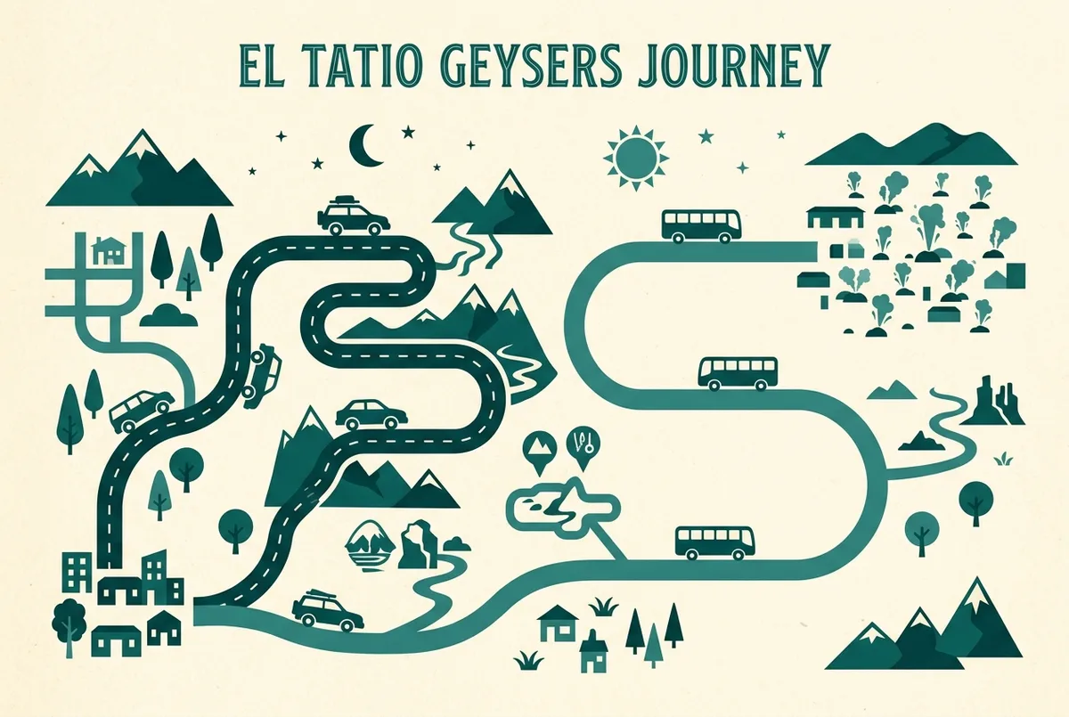 Mapa ilustrado sencillo que compara la ruta nocturna en auto propio hacia los géiseres del Tatio con la ruta de un tour guiado desde San Pedro de Atacama, iconos genéricos de carretera y altitud, sin texto de precios ni estadísticas
