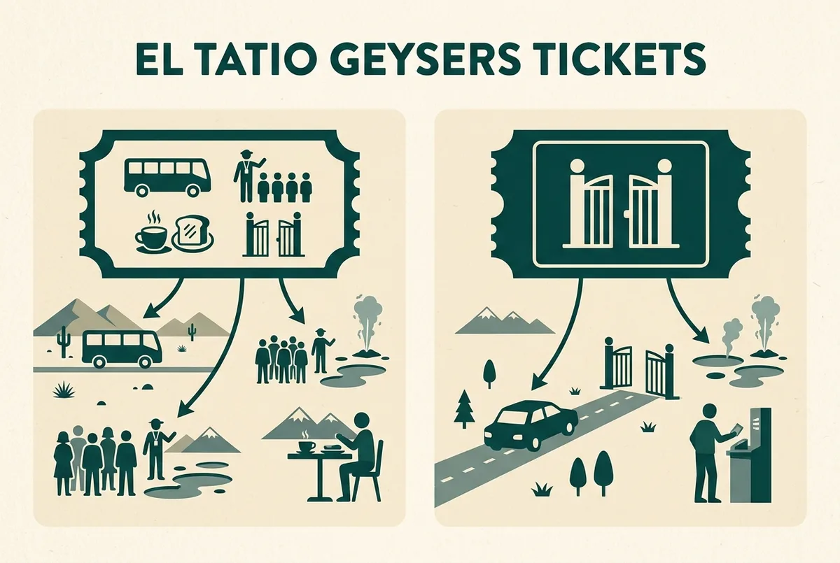 Simple infographic comparing a bundled tour ticket icon covering transport, guide, breakfast and entrance fee against a separate entrance gate ticket icon paid independently, flat design, generic labels only, el tatio geysers tickets comparison
