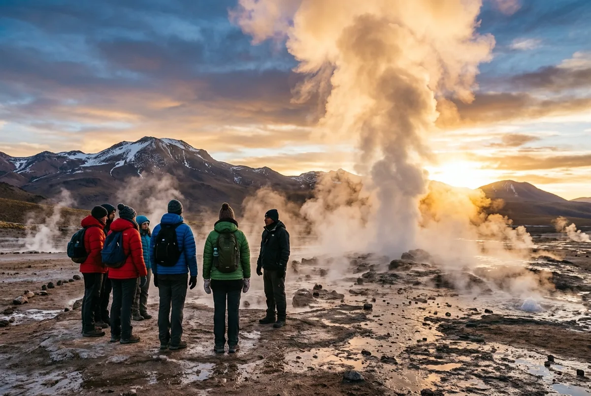 Petit groupe en vestes chaudes observant des colonnes de vapeur s'élever des geysers au lever du soleil dans les hauts plateaux de l'Atacama, lumière dorée du matin, excursion geysers del tatio