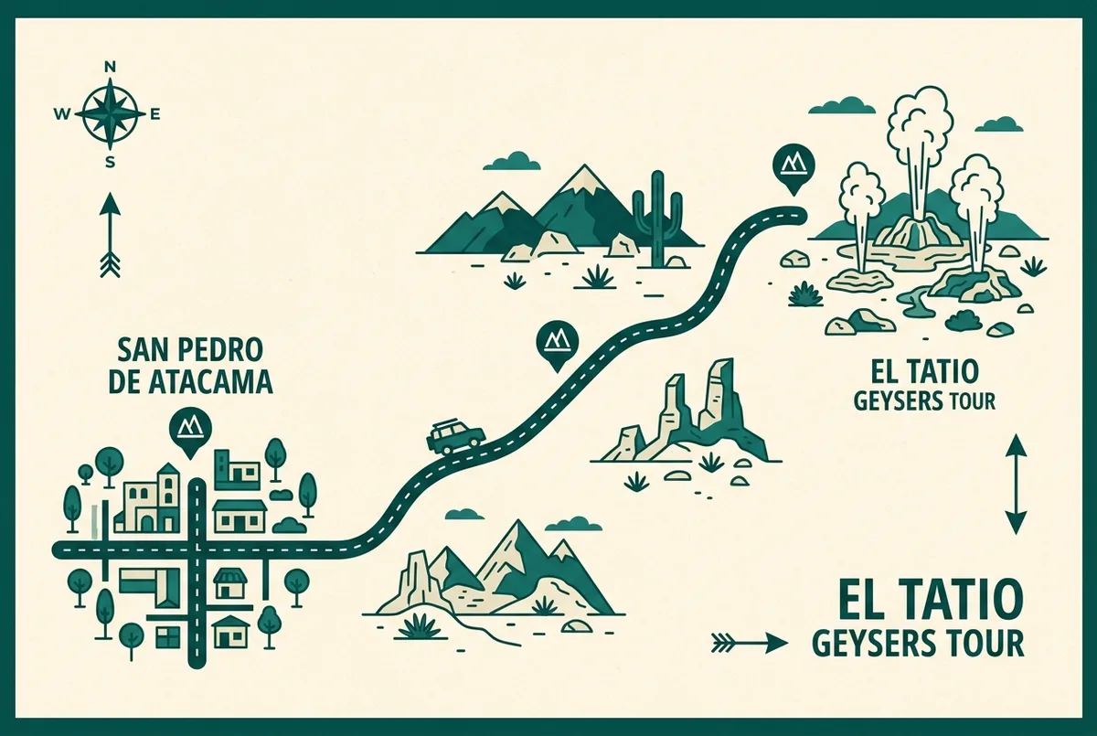 Carte simplifiée illustrant la route de San Pedro de Atacama jusqu'au champ de geysers del Tatio, avec des repères d'altitude au village, à mi-parcours et au champ de geysers, style plat, étiquettes génériques uniquement