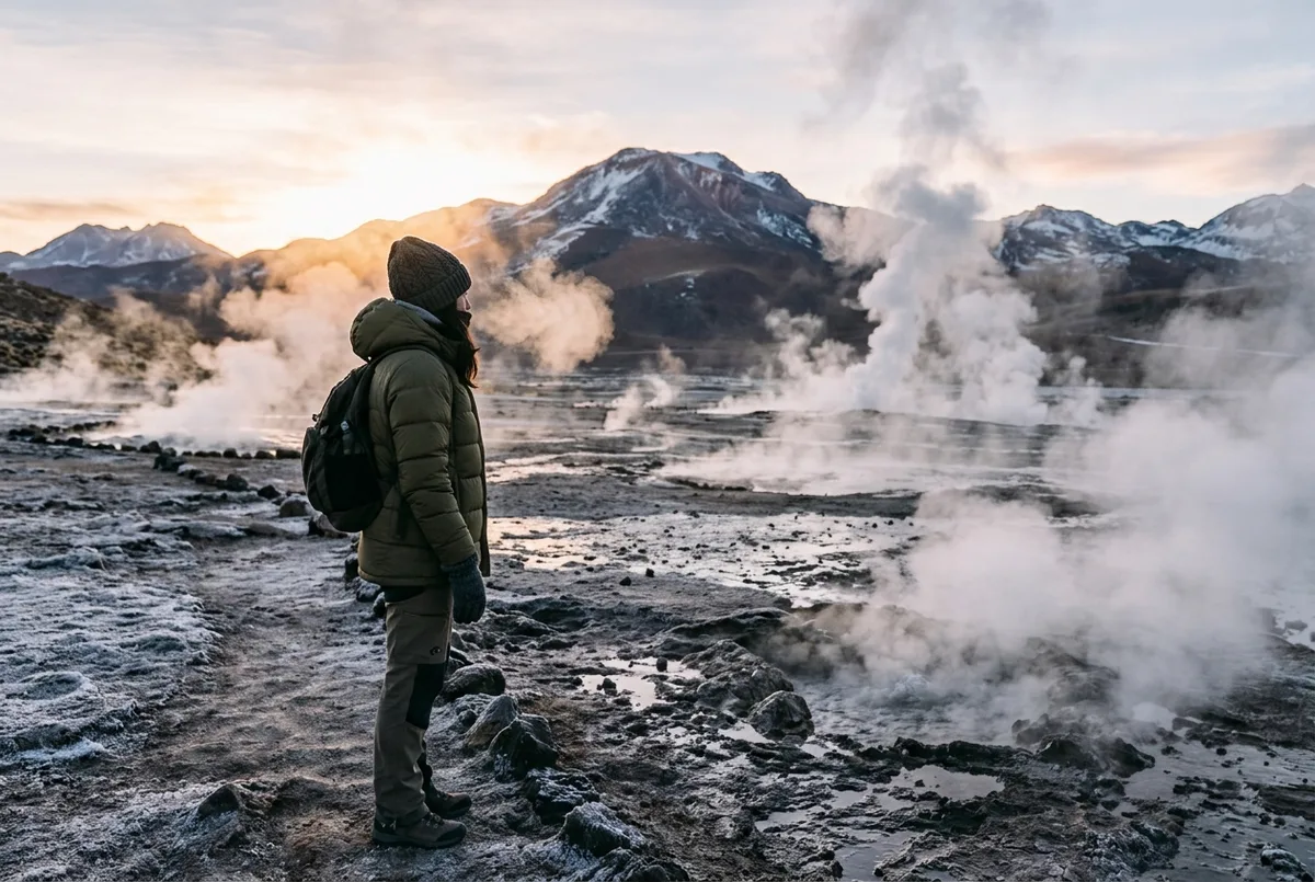 Traveler bundled in a thick jacket, hat and gloves standing at a frosty highland geyser field at sunrise, visible breath in the cold air, el tatio geysers cold weather scene