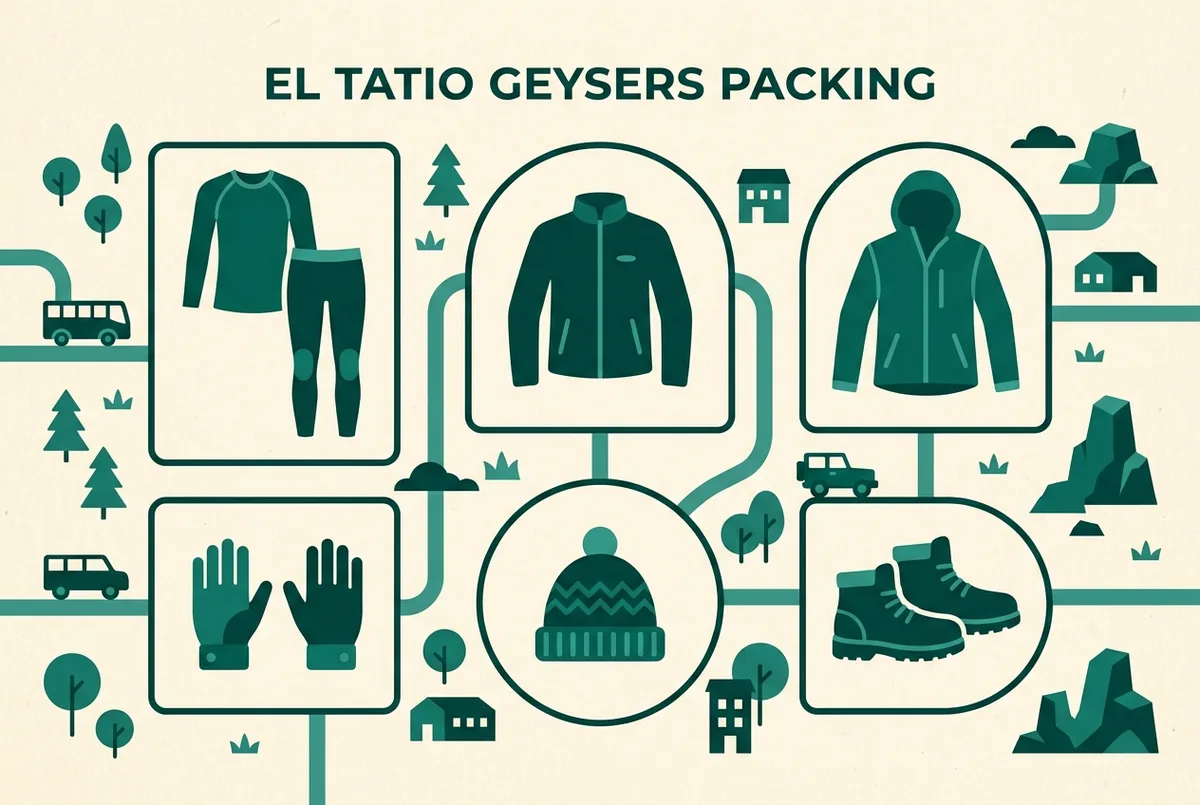 Simple packing checklist infographic showing thermal base layer, fleece mid layer, windproof shell, gloves, hat and warm closed shoes icons for a sunrise highland tour, flat design, generic labels only, el tatio geysers packing list