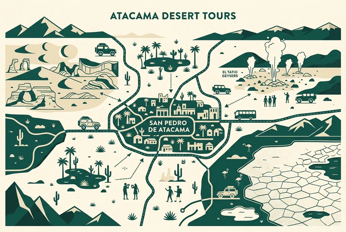Mapa ilustrado de tours San Pedro de Atacama con el Valle de la Luna, los géiseres del Tatio y el Salar de Atacama marcados