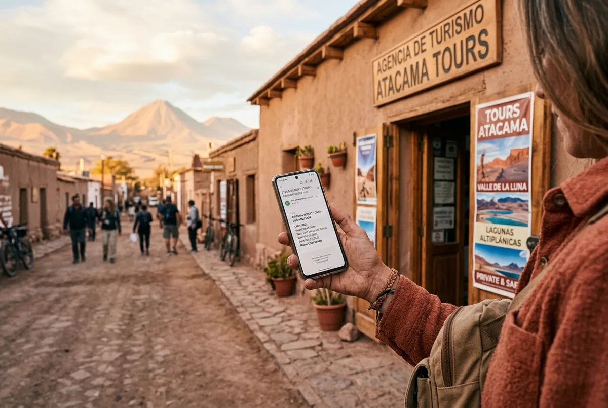 Viajante conferindo a confirmação de reserva de um passeio no celular num café de San Pedro de Atacama, luz da manhã, como reservar passeios no atacama com segurança