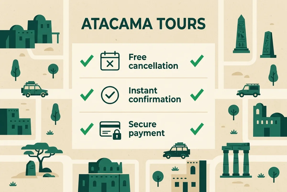 illustrated map of San Pedro de Atacama highlights for Como Reservar Passeios no Atacama com Segurança, como reservar passeios no atacama com segurança