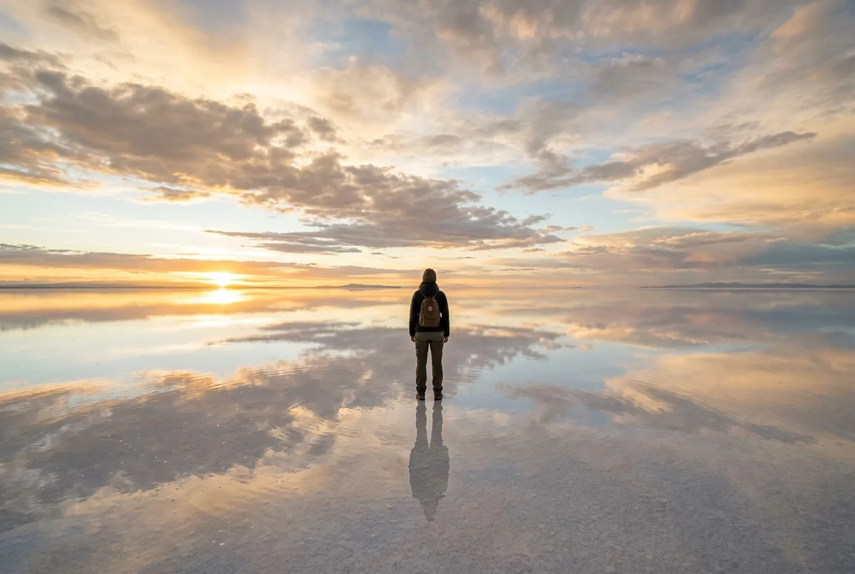 Viajante contemplando o reflexo espelhado do céu no Salar de Uyuni durante a estação chuvosa, horizonte infinito, vale a pena o passeio ao salar de uyuni