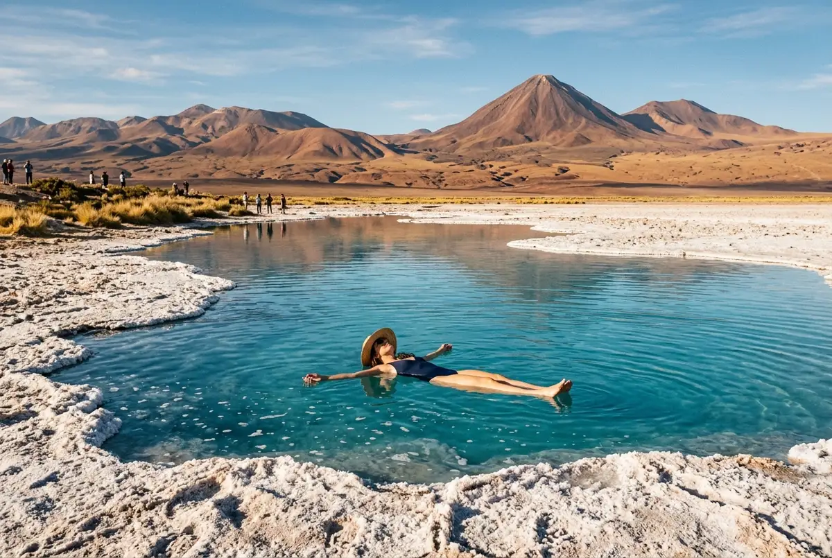 Traveler floating effortlessly on their back in the turquoise high-salinity water of Laguna Cejar with white salt crust shoreline and desert mountains behind, laguna cejar tour scene