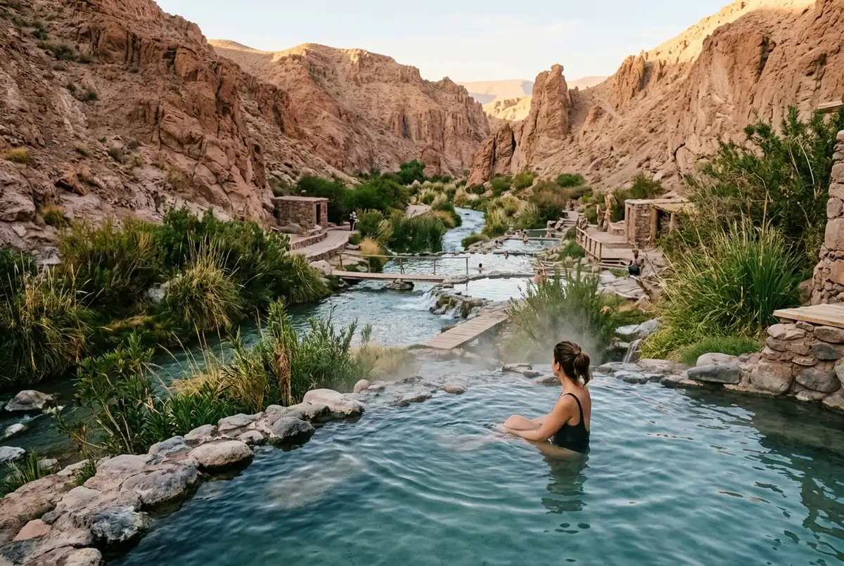 Pozas termales naturales conectadas en un cañón verde del desierto de Atacama, con vapor suave elevándose del agua y vegetación densa contrastando con las paredes rocosas secas