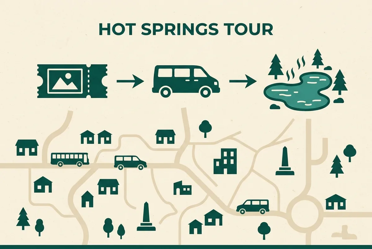 Mapa ilustrado sencillo de la ruta corta desde San Pedro de Atacama hasta el cañón de las Termas de Puritama, con iconos genéricos de carretera y pozas termales, sin texto de precios ni estadísticas