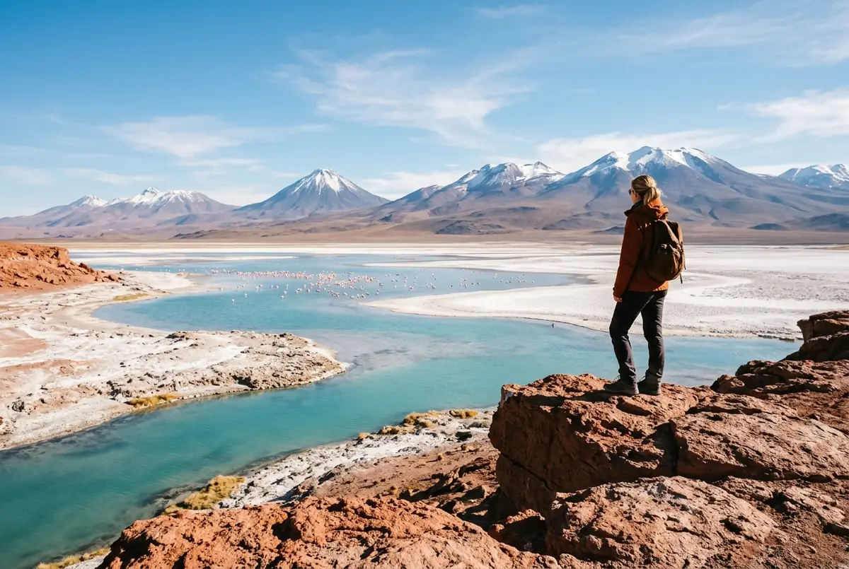 Viajante observando a rocha vermelha de Piedras Rojas com flamingos cor de rosa numa laguna altiplânica turquesa ao fundo, vulcões andinos sob céu azul, salar de atacama passeio