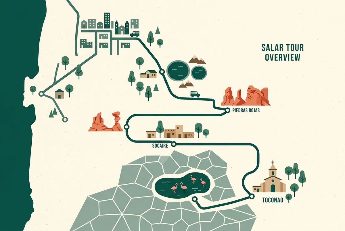 Mapa simples marcando a rota do dia saindo de San Pedro de Atacama pelas lagunas Miscanti e Miñiques, Piedras Rojas, Socaire, Laguna Chaxa e Toconao, design plano, apenas rótulos genéricos, roteiro do salar de atacama passeio