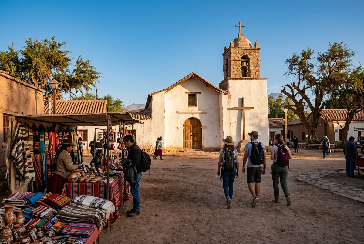 Viajero caminando por la plaza principal de San Pedro de Atacama al atardecer junto a la iglesia de adobe blanca con luz dorada sobre las calles de tierra, en un city tour san pedro de atacama