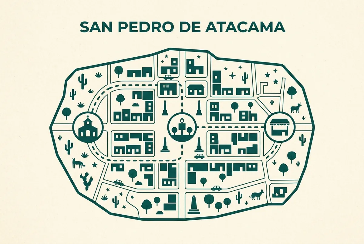 Mapa ilustrado simple del centro de San Pedro de Atacama mostrando a pie la ruta entre la plaza principal, la iglesia de adobe y el mercado artesanal, sin texto de precios