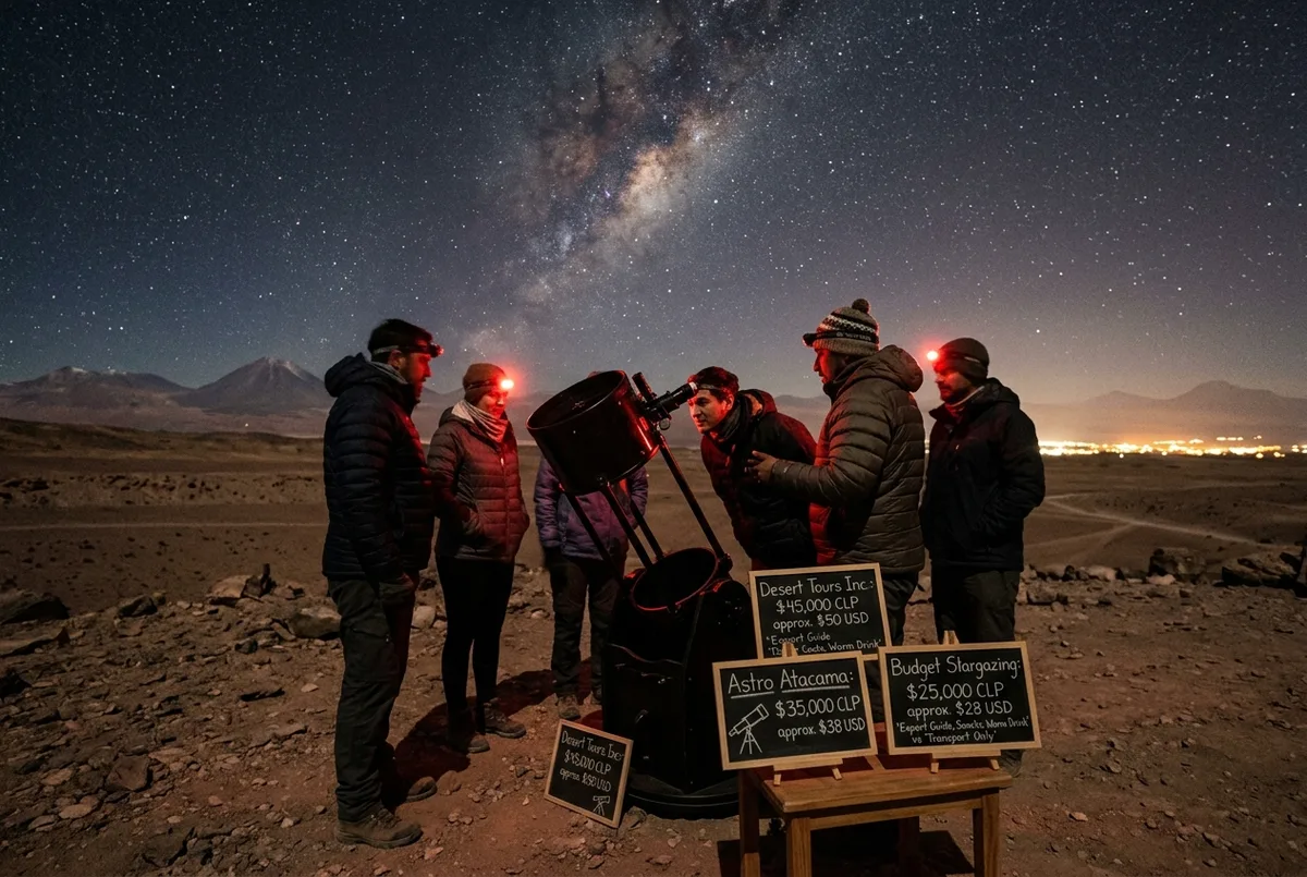 Pequeno grupo reunido ao redor de um telescópio num ponto de observação escuro à noite, com ícones de comparação de preço, tour astronomico atacama preço
