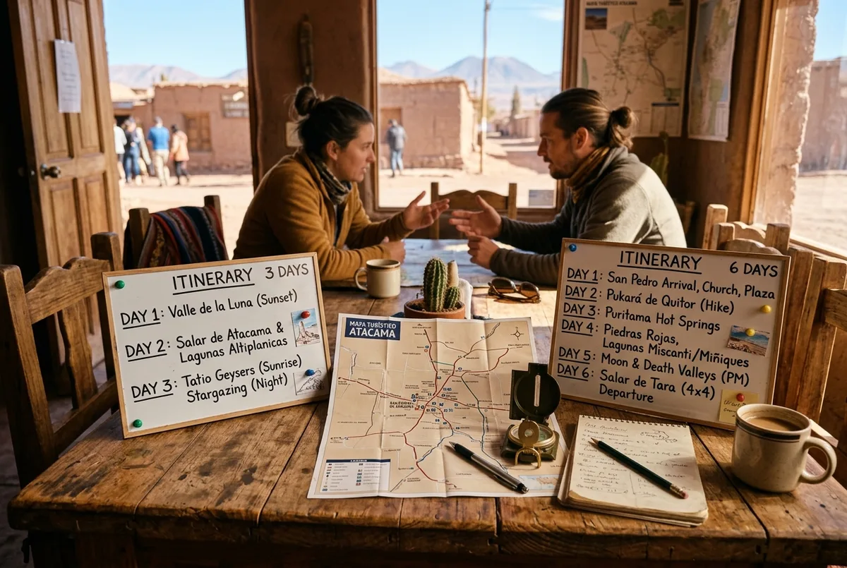 Pareja de viajeros revisando un mapa impreso sobre el capó de un vehículo 4x4 estacionado frente a formaciones rojizas del altiplano de Atacama