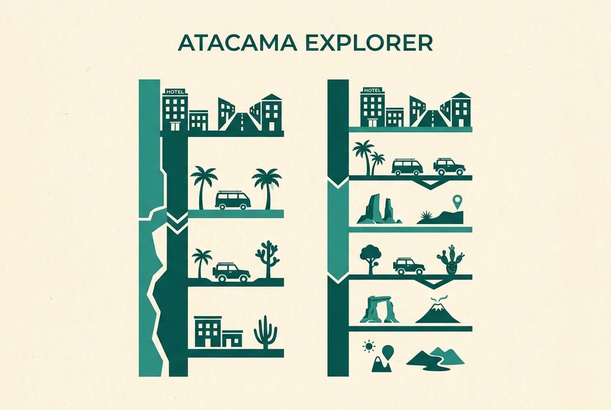 Infografía comparativa tipo tabla mostrando un itinerario de 2 días junto a uno de 3 días en el desierto de Atacama con iconos genéricos de duna, laguna y telescopio, sin texto de precios