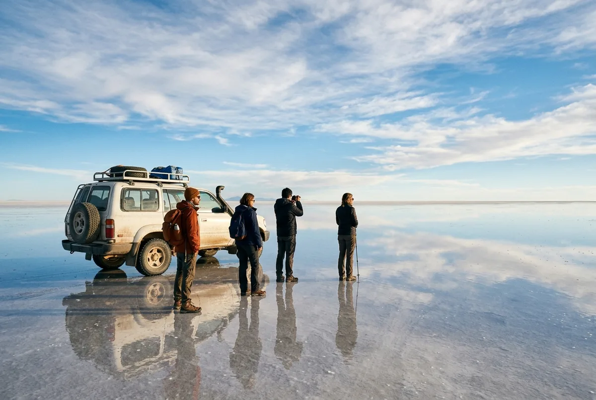 Jipe 4x4 cruzando a planície branca e infinita do Salar de Uyuni sob céu azul, viajantes ao lado do veículo, passeio salar de uyuni