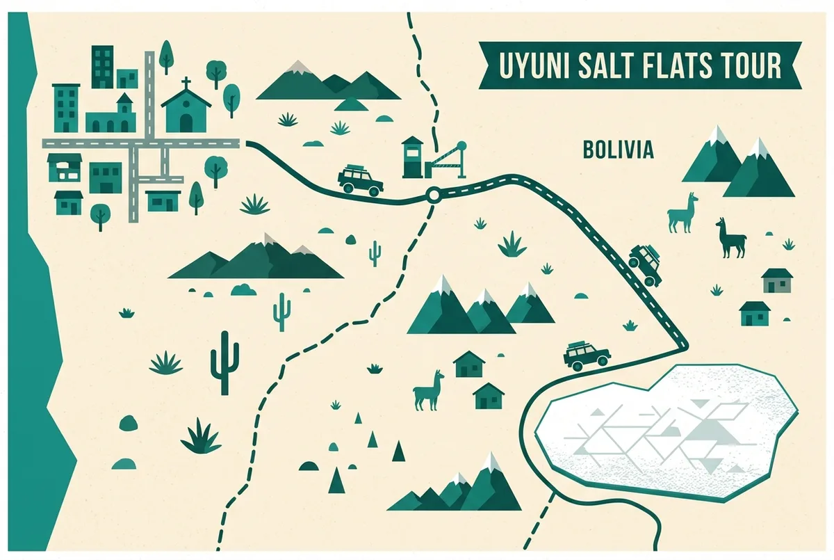 Mapa simples mostrando a rota terrestre de três dias saindo de San Pedro de Atacama, cruzando a fronteira Chile Bolívia, até o Salar de Uyuni, design plano, apenas rótulos genéricos, rota do passeio salar de uyuni