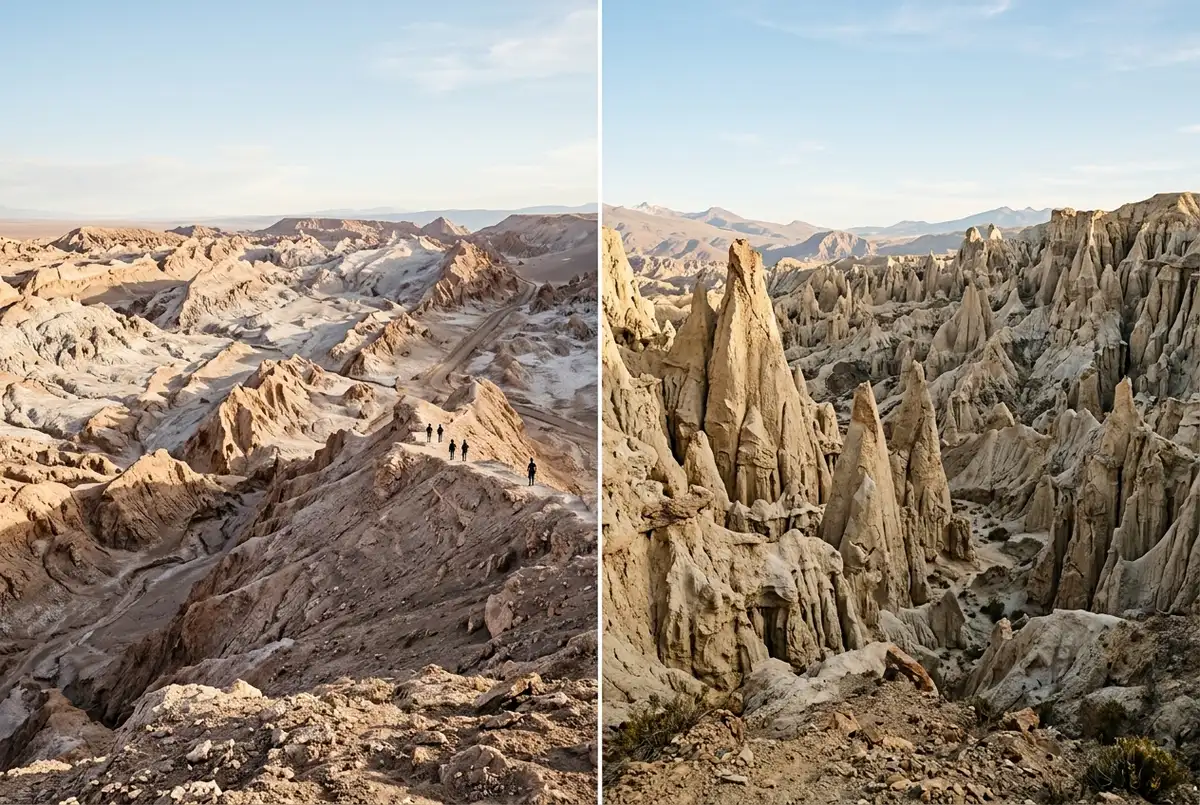 Side by side style desert landscape showing pale eroded clay formations typical of a moon valley site, warm afternoon light, valle de la luna bolivia and chile comparison scene