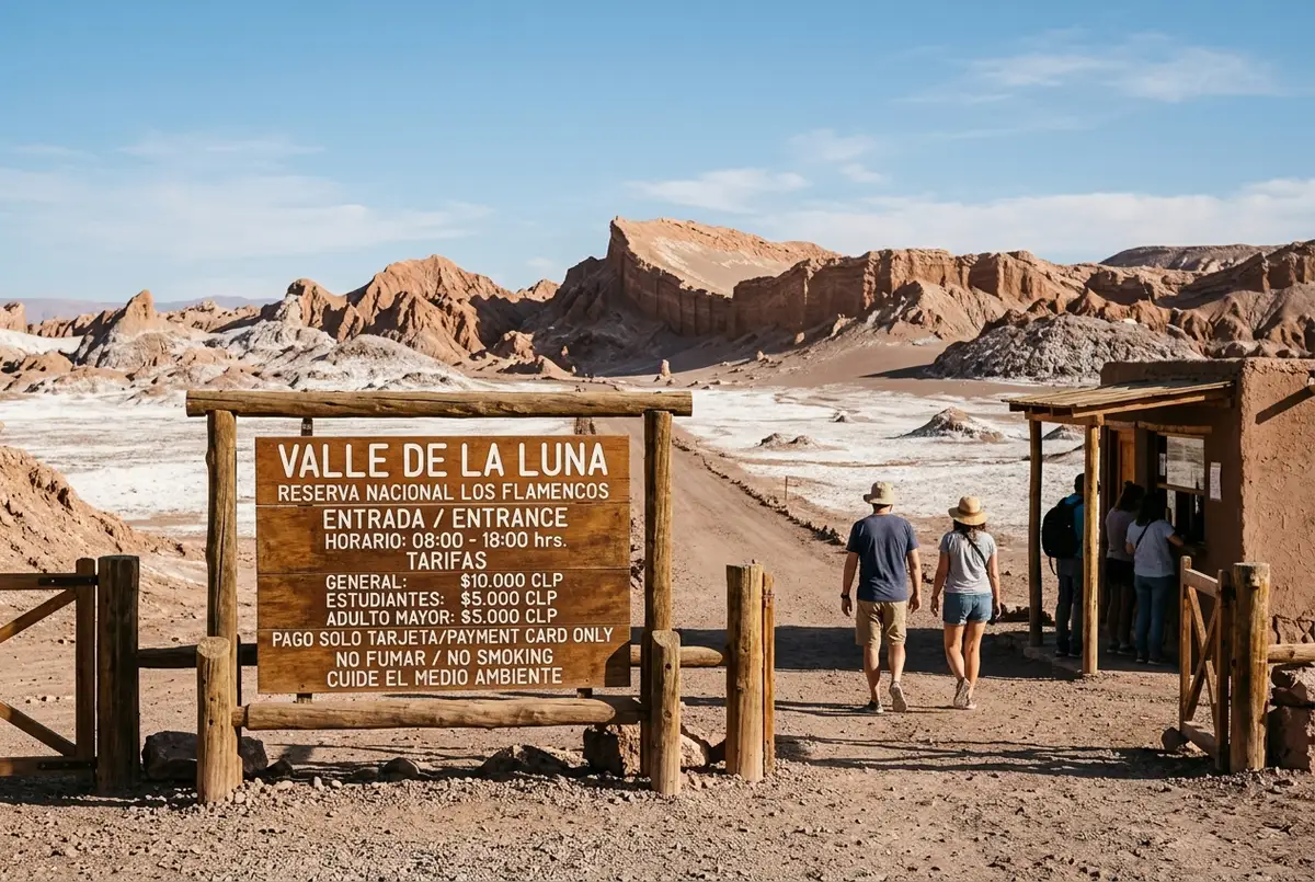 Park entrance gate sign at the edge of Valle de la Luna with the salt rock formations visible beyond, daytime light, valle de la luna entrance fee scene