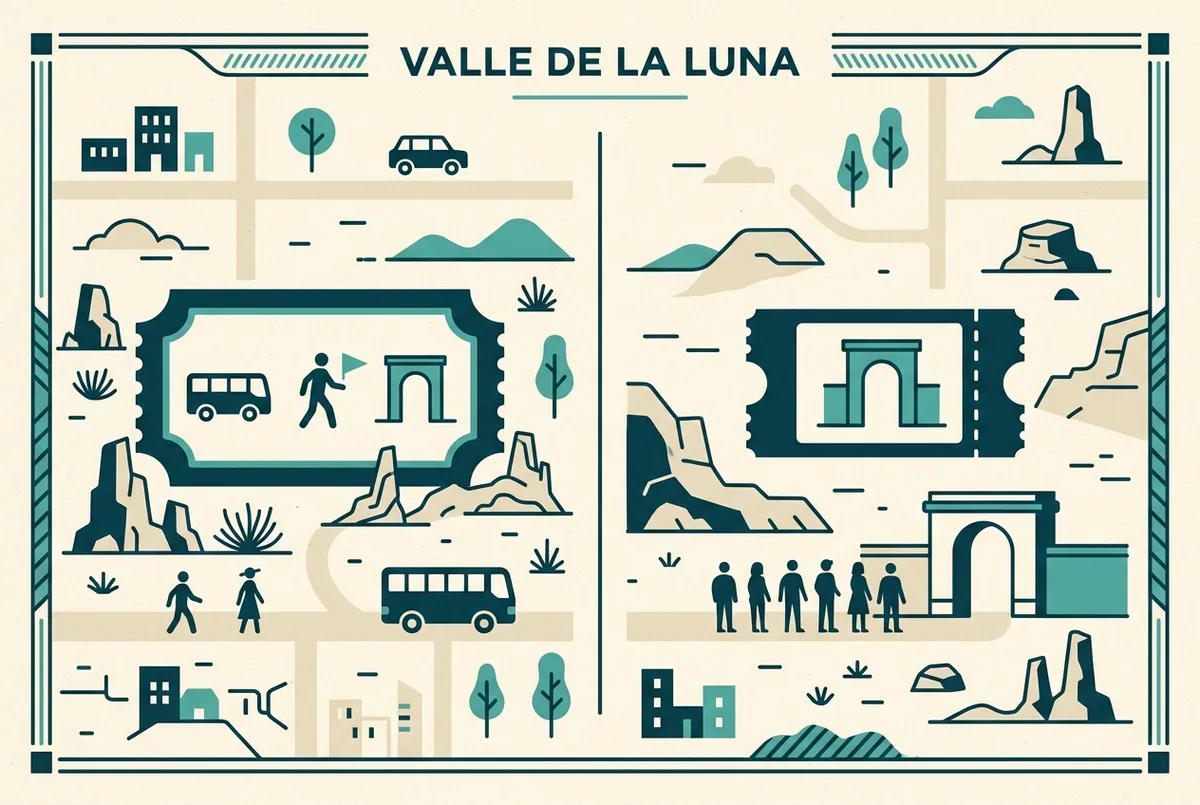 Simple infographic comparing a tour ticket icon bundling transport, guide and entrance fee against a separate entrance gate ticket icon, flat design, generic labels only, valle de la luna entrance fee comparison