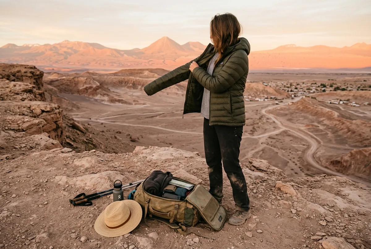 Valise ouverte sur un lit avec des couches chaudes, un chapeau et de la crème solaire disposés avant un voyage, lumière naturelle, que emporter désert atacama