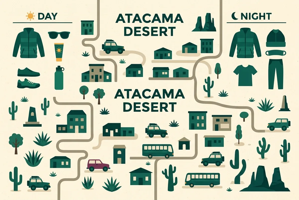 Infographie simple de type liste de vérification de bagage avec des icônes génériques pour couches chaudes, lunettes de soleil, crème solaire et gourde, que emporter désert atacama