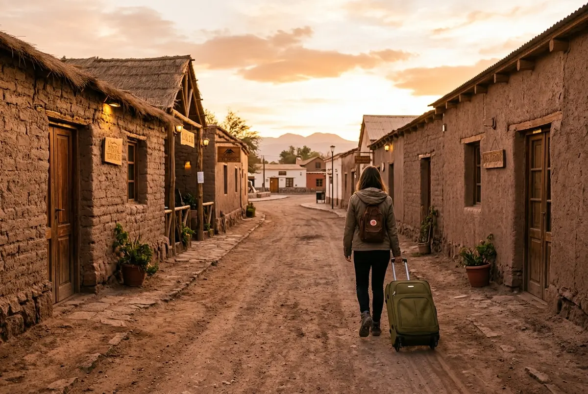 Fachada de adobe de un alojamiento tranquilo en San Pedro de Atacama al atardecer, con sillas en un patio exterior y el paisaje desértico de fondo