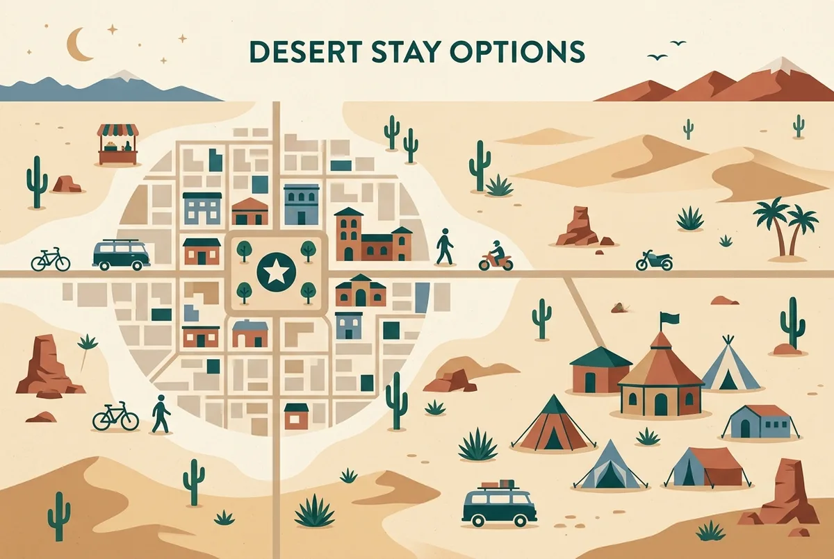 Mapa ilustrado simple de San Pedro de Atacama mostrando la plaza principal del pueblo frente a una zona de lodges más alejada rodeada de desierto, con íconos genéricos