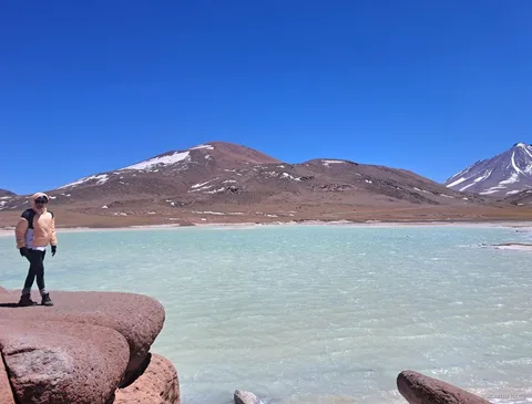 Excursions dans l'Atacama à Piedras Rojas, visiteur sur les roches rouges face à une lagune turquoise