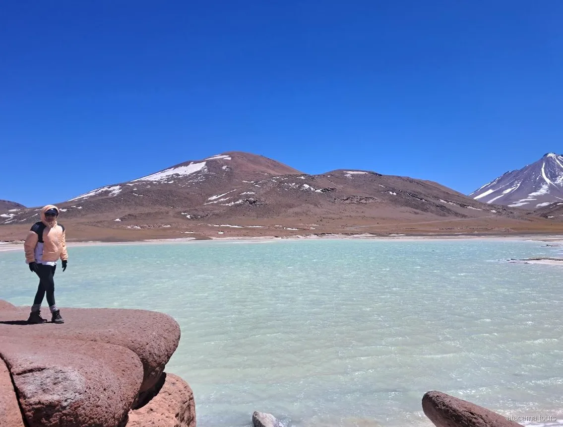 Atacama tours naar Piedras Rojas, bezoeker op rode rotsen naast een turquoise lagune en besneeuwde toppen